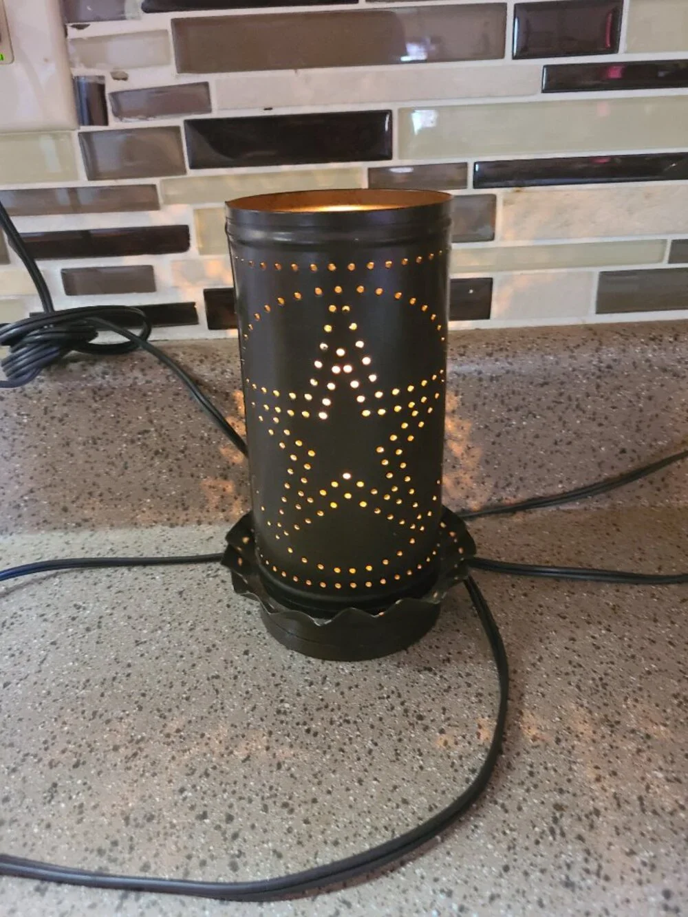 Tin Punched Star Design Night Light dark Brown Free Standing 7